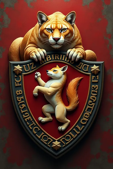 Make a football shield with the name HIBRIDO FC. with the main mascots of a puma and a fox.  