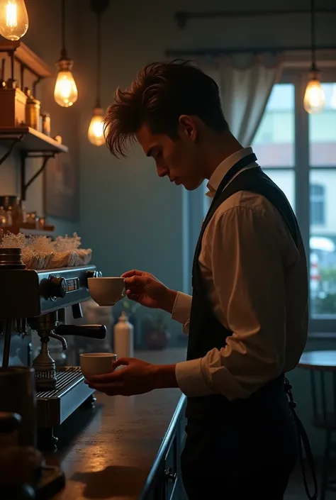 Mysterious young man serving a coffee