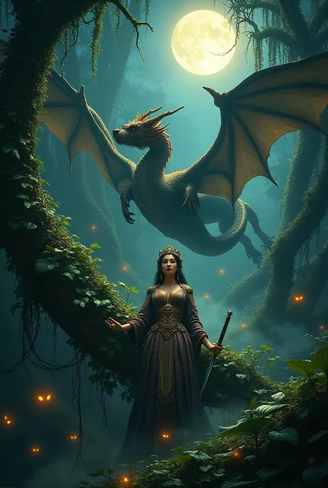 A beautiful queen woman, inside a deep forest, creepers inter twine her legs and hands, she is laying with a Ninja Sword in her hand, the shimmering moon light, A chinese dragon with wings open spread, protecting her, its midnight, wild animals eyes shine ...