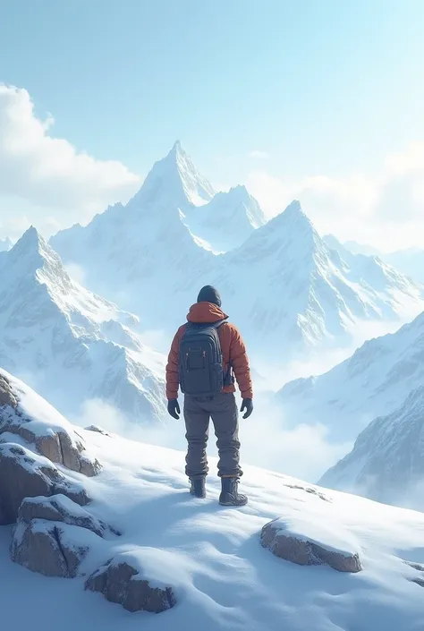 A man standing in snowy mountains alone . A wide and nice cold view.