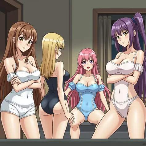 Four girls one with long brown hair another with long purple hair another with long pink hair and one with long blonde hair all four with big breasts and perfect curves in a safe house at dusk wearing sensual clothes three girls are high school students wh...