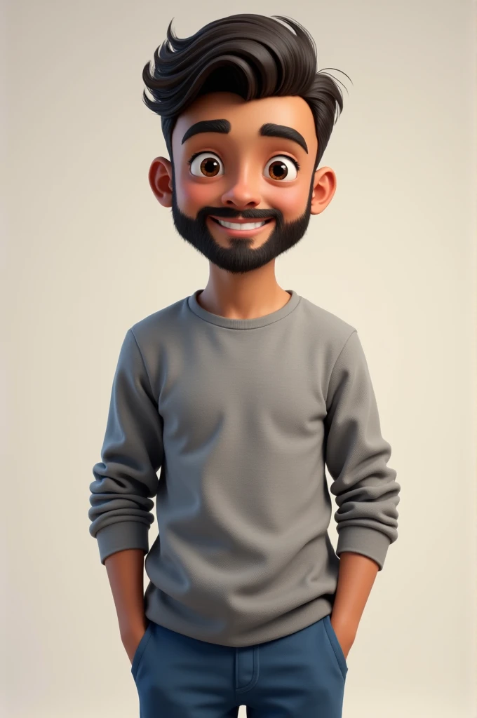 A brown color boy with beard , cute face blue color trouser and a gray color full sleeve T shirt with short hair 