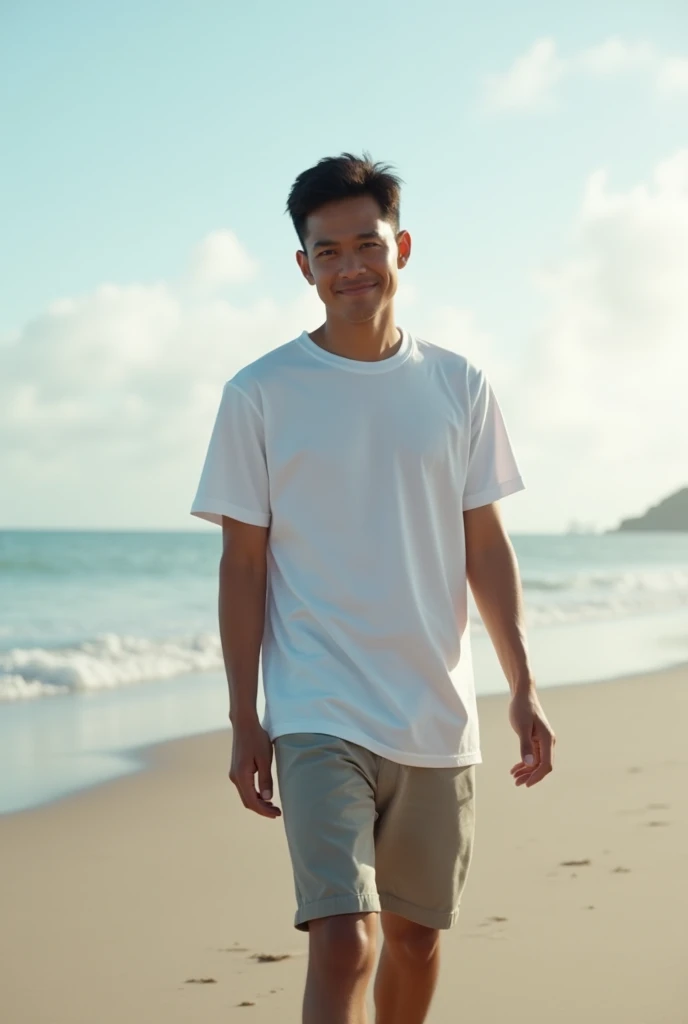 High Resolution, Masterpiece, Accurate, Anatomically Correct, Best Quality, High Details, UHD, , Realistic Photo. A 30 years old Indonesian men, short dark hair, wearing a white t-shirt, walking on the beach,  Closed Mouth.