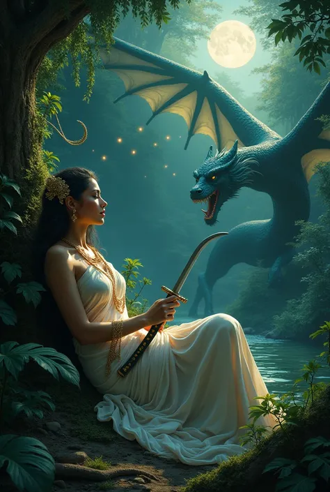 A beautiful queen from southern parts of India, inside a deep forest, creepers inter twine her legs and hands, she is laying with a Ninja Sword in her hand, the shimmering moon light, A chinese dragon with wings open spread, protecting her, fantasy island,...