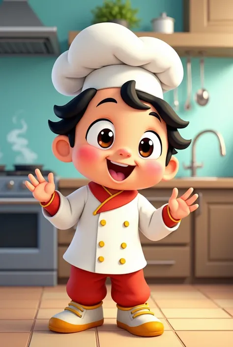 A perfect cute cartoon of Chhota bhem.he is Speaking something. He is stand in the kitchen. Background of kitchen is cool. Wearing chef cot and matching chef cap with safety shoes
