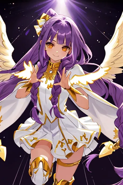 solo, Long Hair, Purple Hair, Braided Ponytail, Golden Eyes, White Magic Robe,Angel Wings,Skirt fluttering,mini skirt,god々Shining light,smile,Golden boots,Putting both hands together 