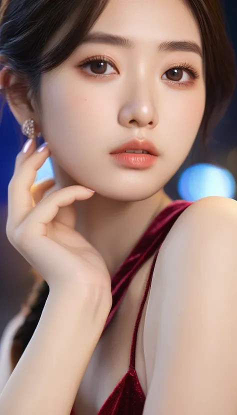 1 girl chinese masterpiece, Irene red velvet, brown hair, brown eyes, thick eyebrows, teen pretty cute student, detailed cute teen face, detailed brown hair, detailed lips, detailed brown eyes, Photo of a young girl, Background Seoul, South Korea at night,...