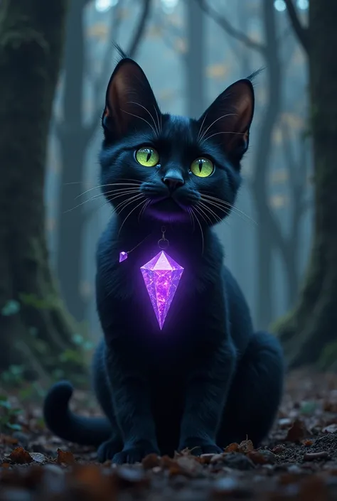 A black cat with green eyes with a purple,shining stone hanging around the neck and has the upper half cat and the lower half dog,in the middle of the cat is a glowing beam.
In a forest at night. 
