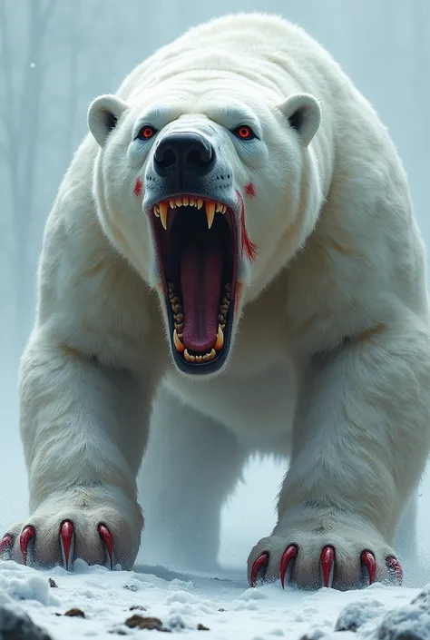 Muscular polar bear with a mouth that opens in 4 parts and sharp, bloody teeth, claw on hands and feet

