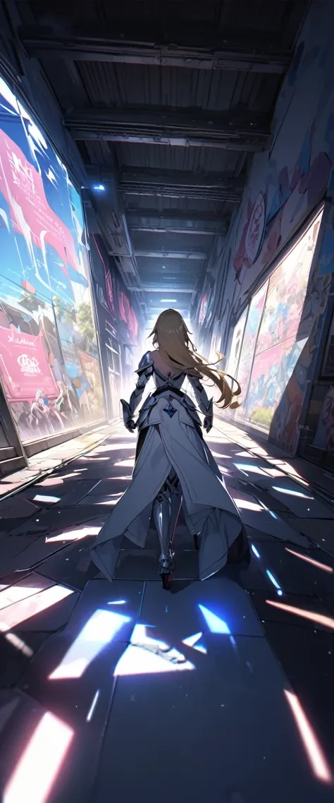 Backlight,(((Highest quality、Super detailed、Ray Tracing))),(Blonde、Middle Hair、Black Ribbon、ponytail、Blue Eyes、Woman in her 20s、Princess Knight、Silver Armor、Pink Skirt、Fearful expression、The tip of the sword is pointed at the viewer)、Dark back alley,A pure...