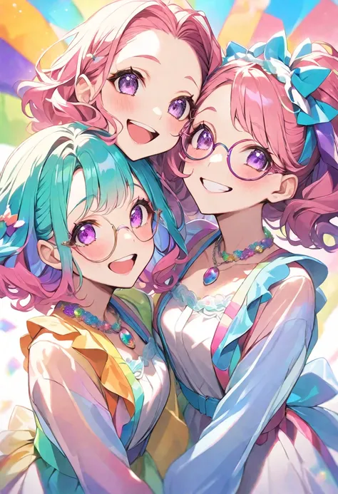 Adult Girls,Colorful bright background，Short fluffy pink hair，Thin frame round glasses,Bob Hair,Wavy Hair,Transparent gum texture and rainbow costume、Rainbow colorsのキラキラした服を着てください，Rainbow colors，smile,Gorgeous,Cyan matching accessories pendant decoration，T...