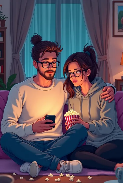 Anime. Vibrant colours. A tall young adult boy with man bun, light beard, wearing spectacles, Wearing white sweater. A young adult girl, wearing grey hoodie, spectacles. Watching a movie in phone. Eating popcorns together. Romantic. Messy room backdrop