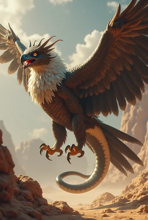 The hybrid of the eagle and snake is a creature of unmatched speed and lethal precision. It has the powerful wings and sharp talons of an eagle, allowing it to soar through the skies, but its body is long and sinuous like a snake, covered in sleek scales t...