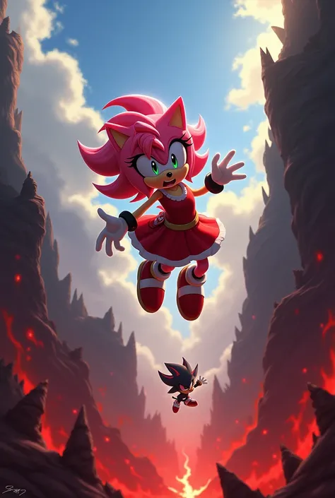 Amy rose from sonic, falling out of heaven into hell crying, reaching out for Shadow the hedgehog