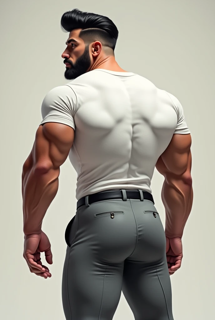 30-year-old man,Moreno, Black hair and short style of the 60s with shine, Beard to make athletic body ,look would be, con camiseta blanca, muscular body, (((Big butt))) (((backside))) grey dark thight trousers.  (((De espaldas))) Bent over 