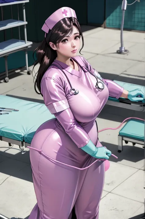 nurse uniform,hospital, latex nurse suit,nurses,busty,elbow gloves,labcoat,black hair woman,pink eyes , gigantic ,medical instru...