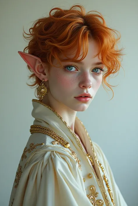 Make a art of a boy 20-2. His hair is ginger and curly, it’s long till his legs. His skin is pale, and eyes are blue like the sky. He has ears like an elf. And golden earrings on them. He wears long  clothes like from fairy tales, which looks like dresses....