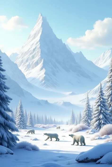 Snowy beautiful mountains . Nice wide view. Realistic Sky. Snowy trees. Polar bears.