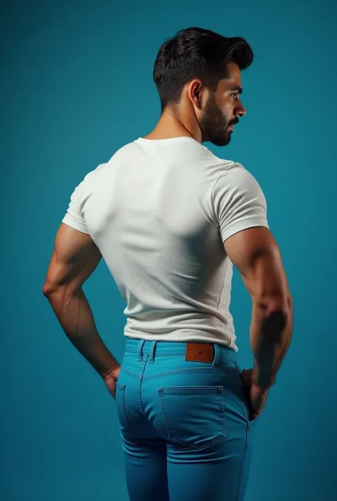 30-year-old man,Moreno, Black hair and short style of the 60s with shine, Beard to make athletic body ,look would be, con camiseta blanca, muscular body, (((Big butt))) (((backside))) blue light thight trousers.  (((De espaldas)))