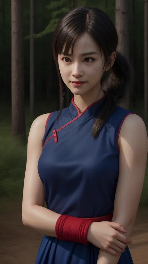 chichi, 1girl, solo, black eyes, black hair, blunt bangs, sidelocks, low ponytail,
china dress, blue dress, sleeveless, red sash, wristband, bare shoulders,
smile,closed mouth,cowboy shot,
forest,outdoor,
(insanely detailed, beautiful detailed face, master...