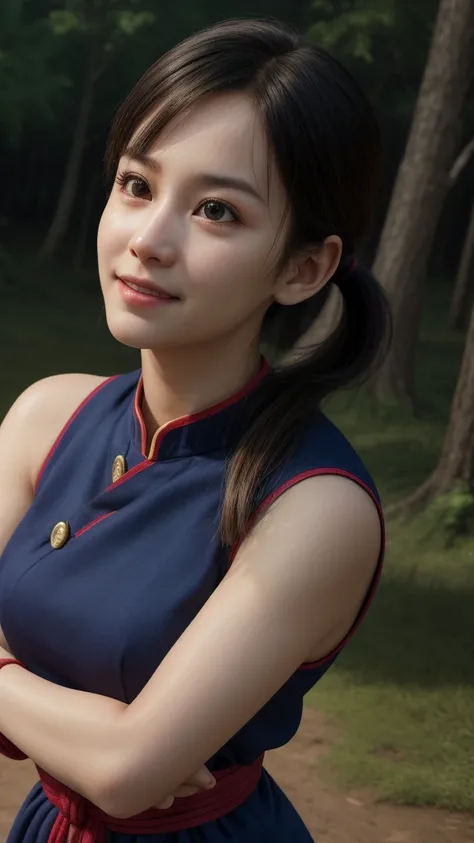 chichi, 1girl, solo, black eyes, black hair, blunt bangs, sidelocks, low ponytail,
china dress, blue dress, sleeveless, red sash, wristband, bare shoulders,
smile,closed mouth,cowboy shot,
forest,outdoor,
(insanely detailed, beautiful detailed face, master...