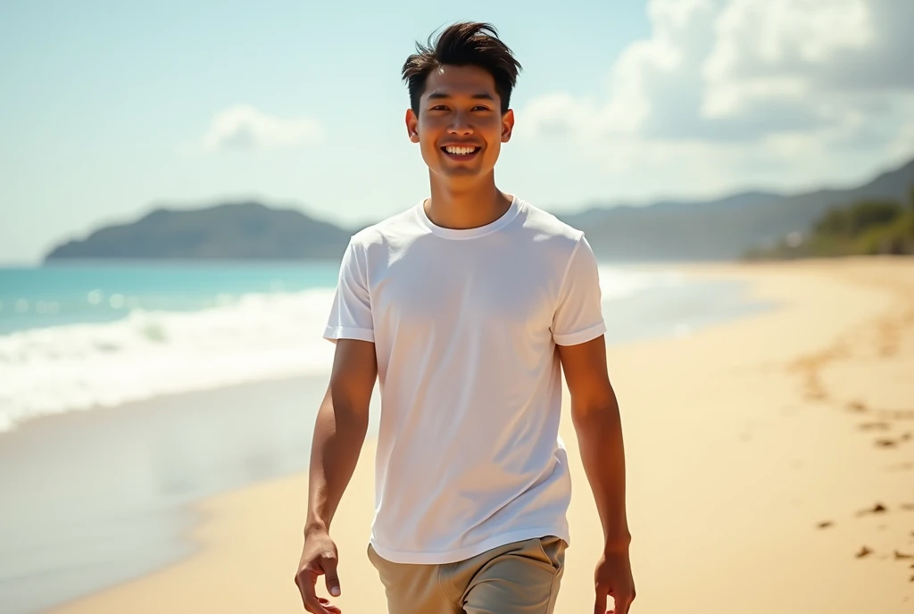 High Resolution, Masterpiece, Accurate, Anatomically Correct, Best Quality, High Details, UHD, , Realistic Photo. A 30 years old Indonesian men, short dark hair, wearing a white t-shirt, beige pants. walking on the beach,  smiling at viewer 