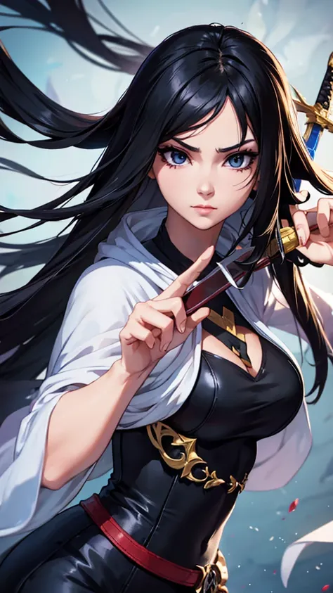 A beautiful anime character with long black hair and piercing eyes is performing a technique with a sharp sword in her hand..