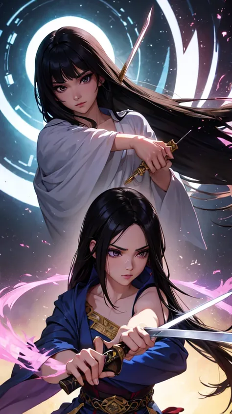 A beautiful anime character with long black hair and piercing eyes is performing a technique with a sharp sword in her hand..