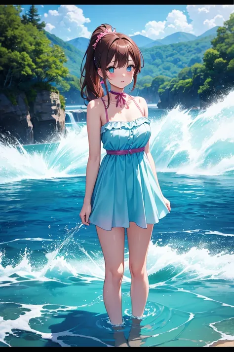 A beautiful girl standing in a body of water, anime girl, short sky blue dress, Fashion model, (Fashionable clothing), bare shoulders, looking at viewer, (interview), crystal clear lagoon, water up to the knees, waterfall in the background, nature, (simple...