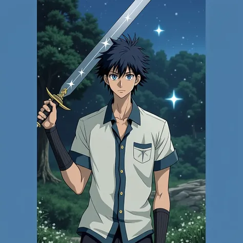 Daiki (Star Sword):body hair: Silvery white, short and a little ruffled.eyeballs: deep blues, bright as stars.Skinned: Very clear, almost luminous.cos: Tall and slender, with a serene and imposing presence. Teen anime version of  