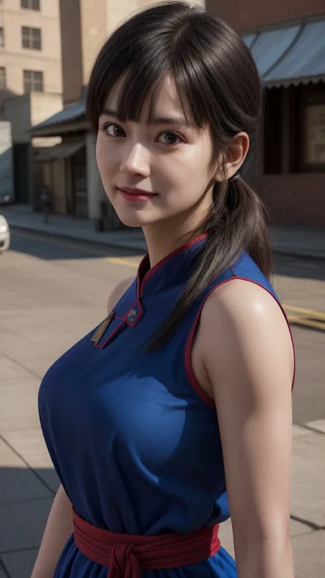 chichi, 1girl, solo, black eyes, black hair, blunt bangs, sidelocks, low ponytail,
china dress, blue dress, sleeveless, red sash, wristband, bare shoulders,
smile,closed mouth,cowboy shot,
city ,outdoor, sunny, light on face
(insanely detailed, beautiful d...