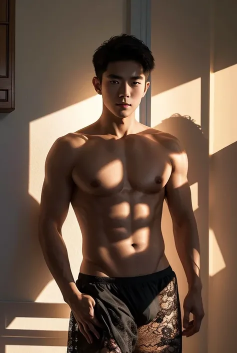 
A handsome young Asian man, realistic photos, Lace Bikini, sea of Thailand, realistic light and shadow.