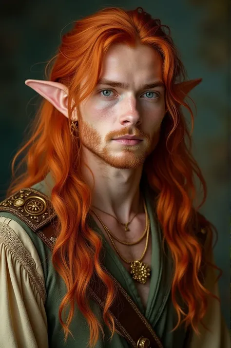 Man with long ginger hair. Blue eyes. Pretty face. Has a lot of gold jewelry on him. Has clothes like from old fairytail. Has elf ears 