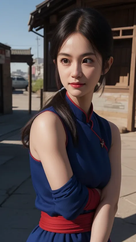 chichi, 1girl, solo, black eyes, black hair, blunt bangs, sidelocks, low ponytail,
china dress, blue dress, sleeveless, red sash...