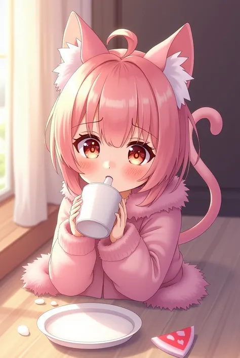 anime girl, pink fur, cat ears and tail, cute face and making faces of pleasure while drinking milk and being on all fours wagging her tail in my face