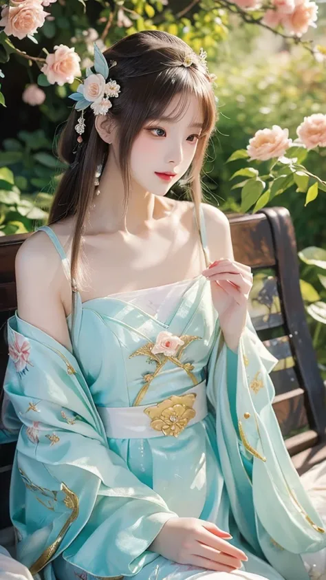 a close up of a woman sitting on a bench with a flower in her hair, palace ， a girl in hanfu, beautiful character painting, 8k)), beautiful digital artwork, digital art of an elegant, ((a beautiful fantasy empress)), a beautiful fantasy empress, beautiful ...