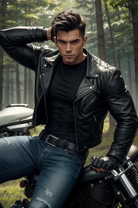 A muscular young man , wearing a white round-neck shirt and a black leather jacket over it, wearing blue jeans, black motorcycle gloves, a black belt, and black combat boots and a holster strap black for a handgun on his thigh ,leaning against a big bike b...