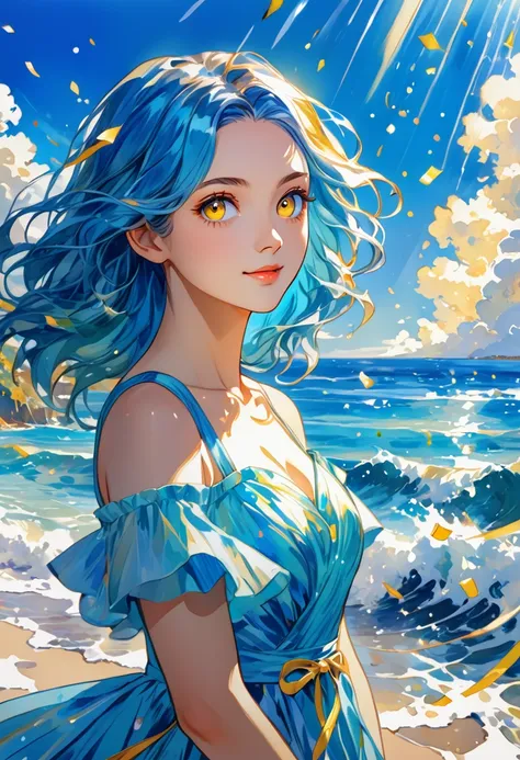 Based on the first image A playful ocean anime dancer glowing at noon in a vibrant aquamarine seascape, bright yellow eyes, blue hair, ocean themed accessories, elegant blue dress, Alan Moore style, impressionist painting style, looking at the camera, cros...