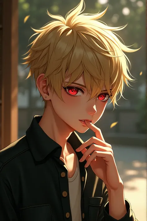 a handsome boy, wolfcut hair, blonde hair, red eyes. summer clothes. cold expression, glancing. hand with one finger to mouth