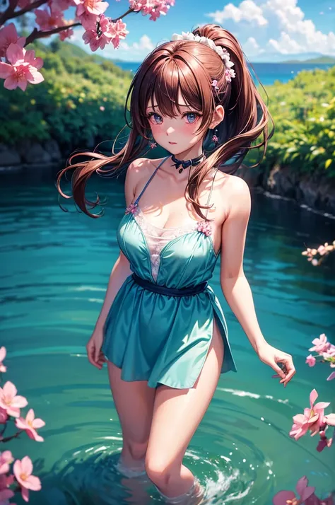 A beautiful girl standing in a body of water, anime girl, short sky blue dress, Fashion model, (Fashionable clothing), bare shoulders, looking at viewer, (interview), crystal clear lagoon, water up to the knees, waterfall in the background, nature, (simple...