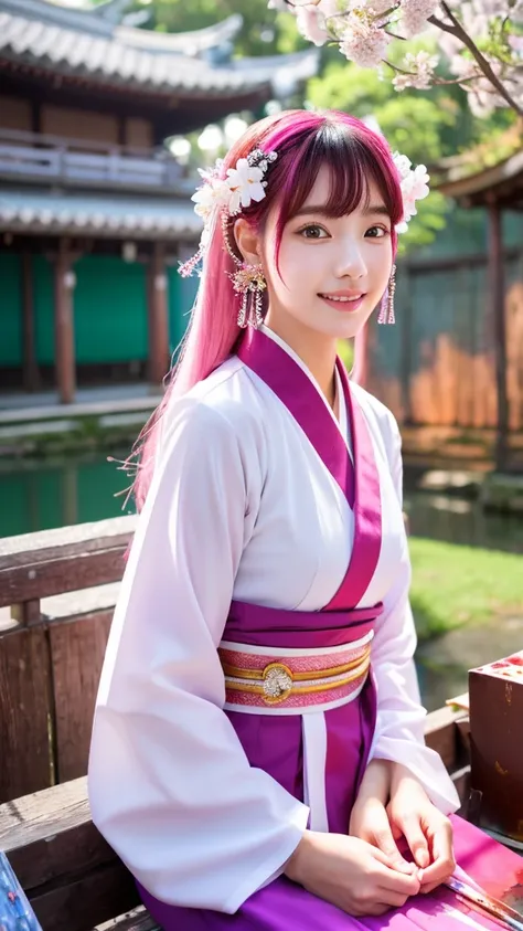 One girl, (Urzan-6500:0.7), K-Pop Idols, yae miko, Removable sleeves, Exposing shoulders, Pink Hair, Long Hair, kimono, Highest quality, (Painting:1.5), (hair ornaments:1.35), jewelry, Purple eyes, Earrings, chest, torii,  cherry blossoms,  Lantern Light, ...