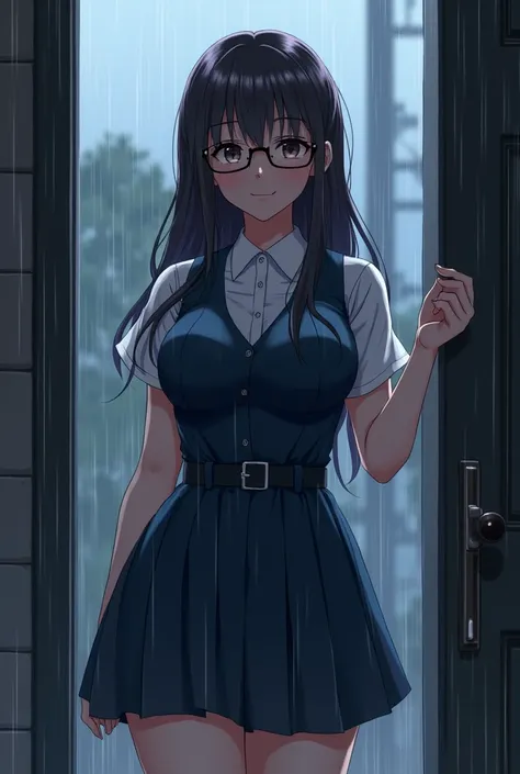 1 woman, the uniform got wet because of rain,on the doorstep raining ,large breasts,long hair, glasses, High quality, Masterpiece,Anime art,curvy, beautiful body,G cup breasts,close up shot