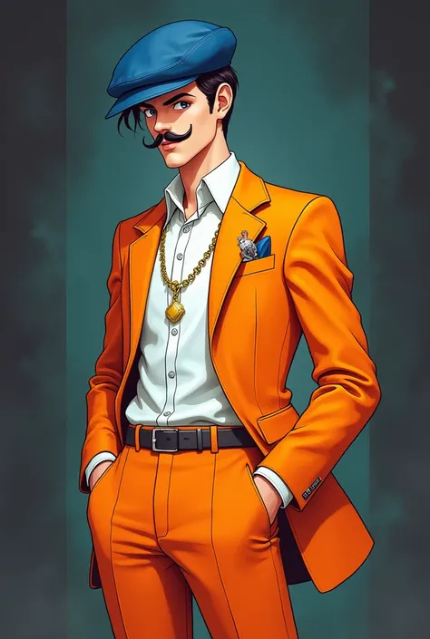 Drawing in the line of paranormal order rpg Blue hat, small thin mustache, Orange suit coat, white inner shirt, orange dress pants, gold chain in pocket