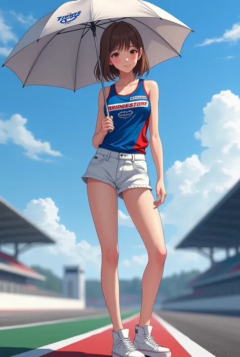 photographic, super-realism, pit of Circuit, on race road, standing pose,Front view, solo , Japanese girl , 20-age-old, (light brown hair, middle hair, fringe, little lip, thin face, little smile) ,(Japanese race Queen fashion blue tank-top, White miniskir...