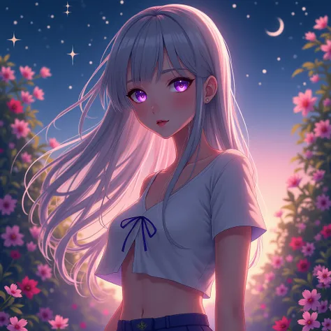 realistic, 1 girl, gray hair, purple eyes, shining eyes, crop top, skirt, parted lips, blush, night, flowers, sun, sunlight,