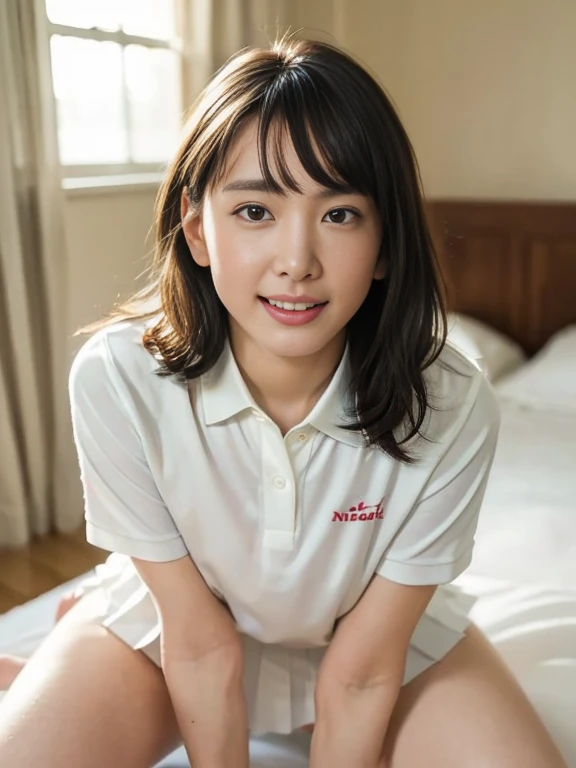 (Full body:1.2), (Masterpiece, Best quality:1.4), (Ultra realistic, Photo-realistic:1.2), From above, Looking up, Natural light, 2 actress, Japanese women, Neat and clean, (White Tennis uniform, White short-sleeve polo shirt, White pleated skirt:1.2), (unb...