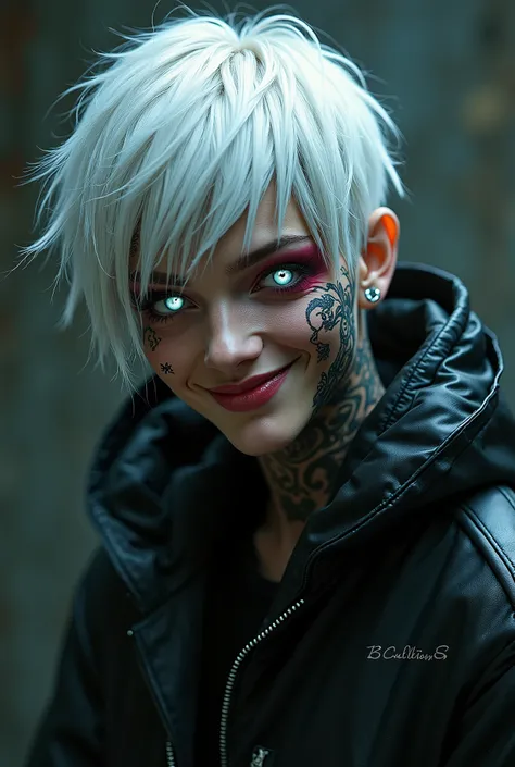 Kizi. White  hair. cyberpunk. tattooed. Grinning. darkness background. Eyes white 