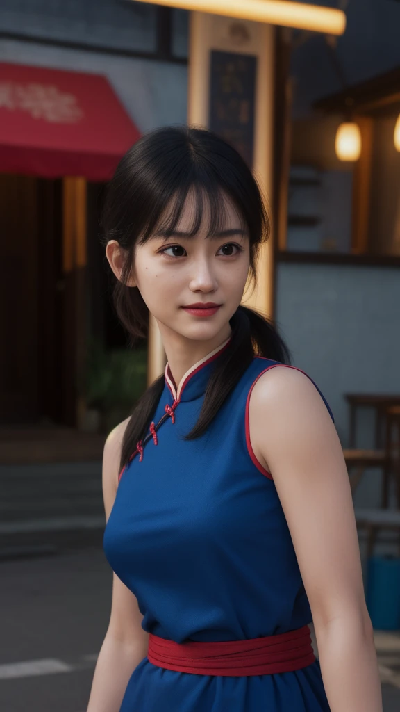 chichi, 1girl, solo, black eyes, black hair, blunt bangs, sidelocks, low ponytail,
china dress, blue dress, sleeveless, red sash, wristband, bare shoulders,
smile,closed mouth,cowboy shot,
city ,outdoor, sunny, light on face
(insanely detailed, beautiful d...