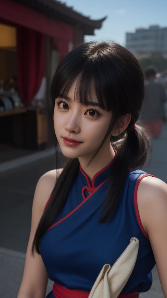 chichi, 1girl, solo, black eyes, black hair, blunt bangs, sidelocks, low ponytail,
china dress, blue dress, sleeveless, red sash...