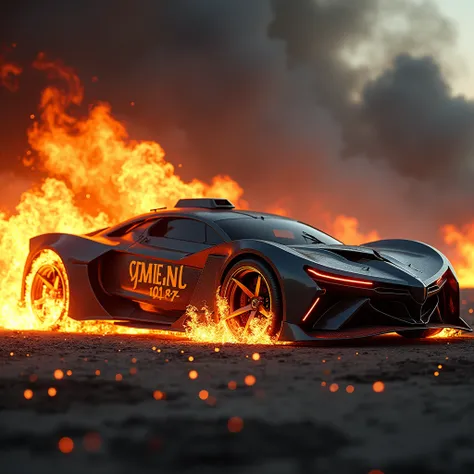 Create a realistic image where a car like batmobile burning and with the flame "SPEED RACER" is written with flame effects, background is full Smokey 